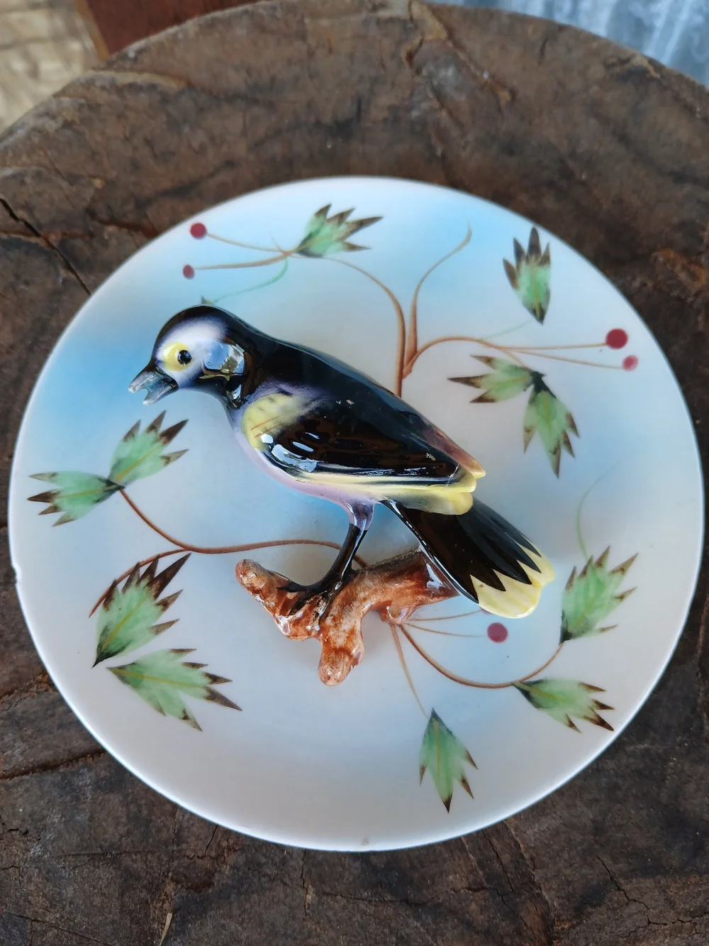 Hand-Painted Ceramic Bird Figurine in Black and Yellow